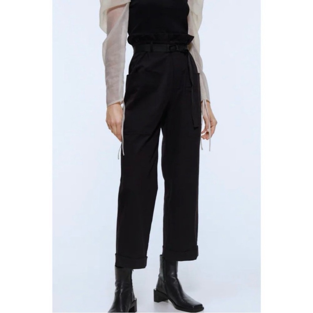 Zara High Rise Belted Cargo Pants - Black